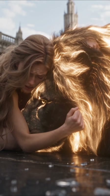 My Lion Guardian 中女孩拥抱狮子的画面